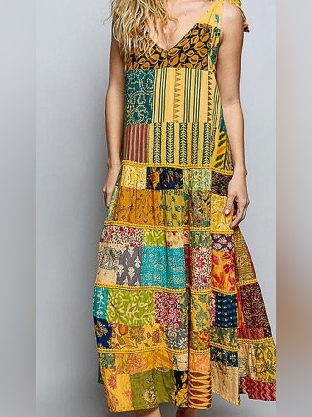 Bohemian Patchwork Maxi Dress in Yellow